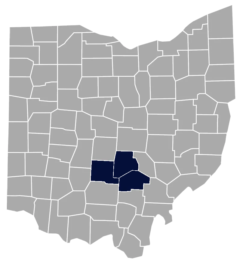 Map of Ohio counties with the Major Crimes Unit service area in Fairfield, Hocking and Pickaway counties shaded in navy