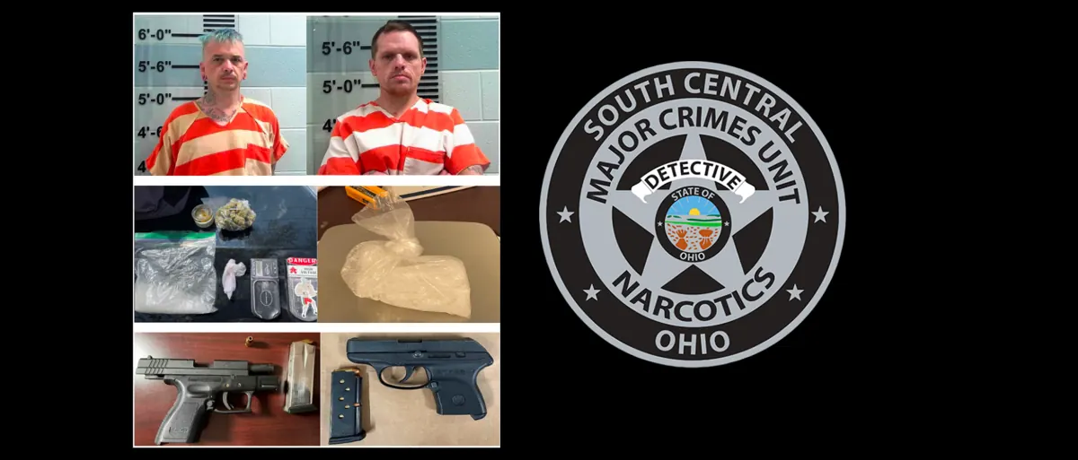 Booking photos of Gerald Tyrone Estep and Jason M. Smith with seized suspected drugs and two handguns, beside the Major Crimes Unit badge